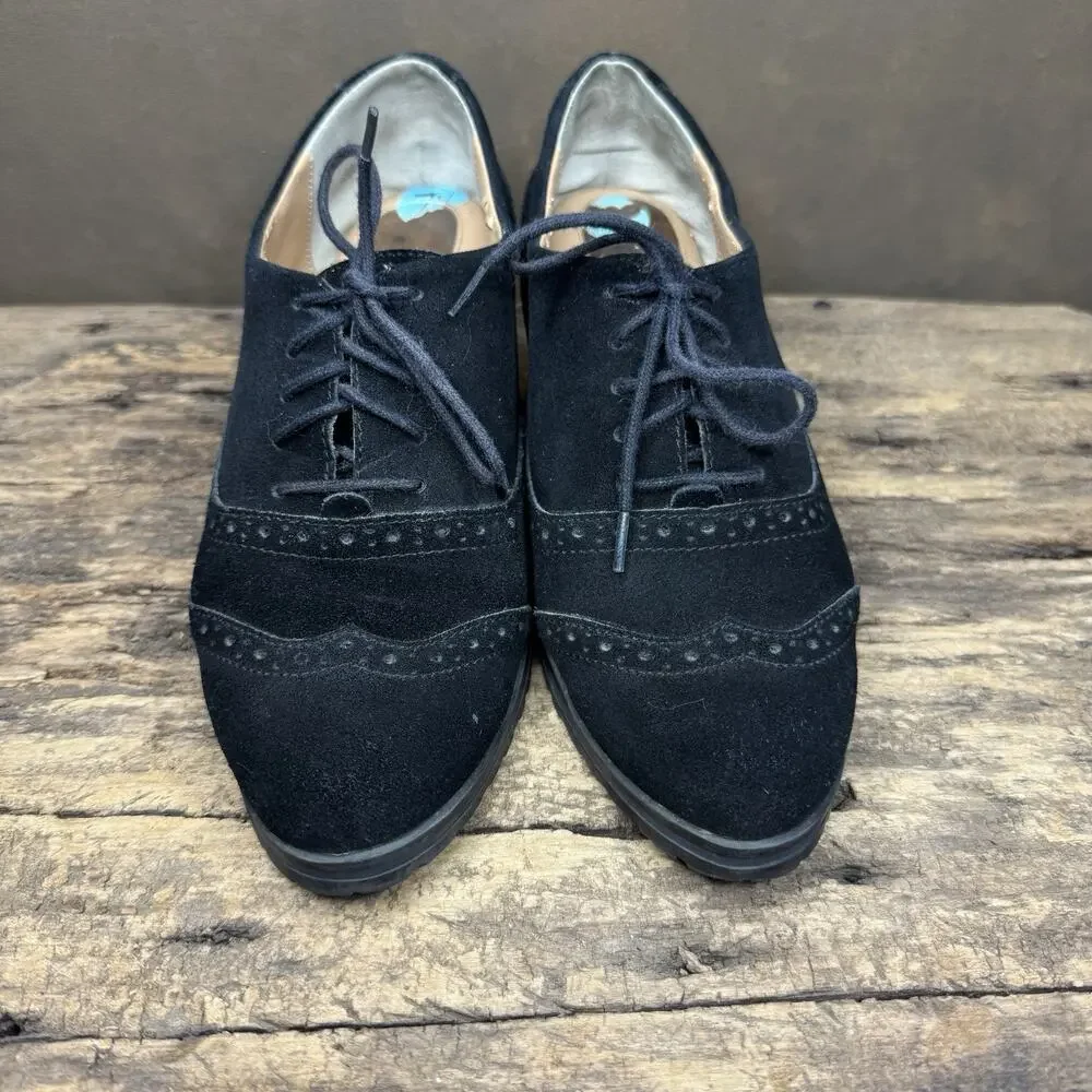 Ellen Tracy Tobin Black Suede Leather Comfort Wedge Heel Oxfords Women’s 7.5